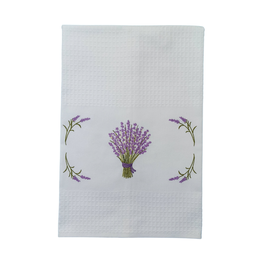 White Tea Towel with Lavender Embroidery