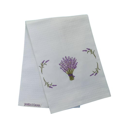 White Tea Towel with Lavender Embroidery