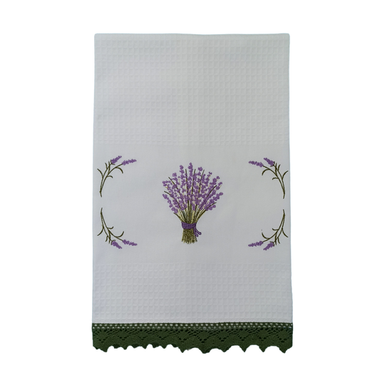 White Tea Towel with Lavender Embroidery and Lace Trim
