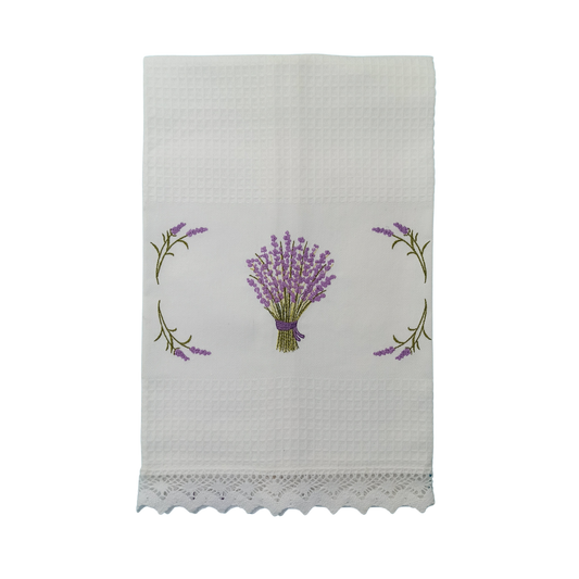 White Tea Towel with Lavender Embroidery and Lace Trim