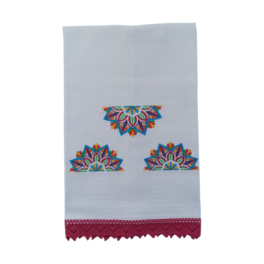 White Tea Towel with Mandala Embroidery and Lace Trim