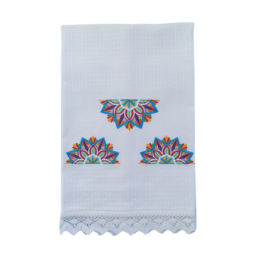 White Tea Towel with Mandala Embroidery and Lace Trim