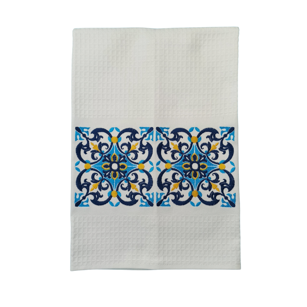 White Tea Towel with Tile Embroidery