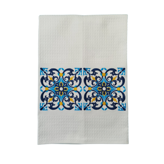 White Tea Towel with Tile Embroidery