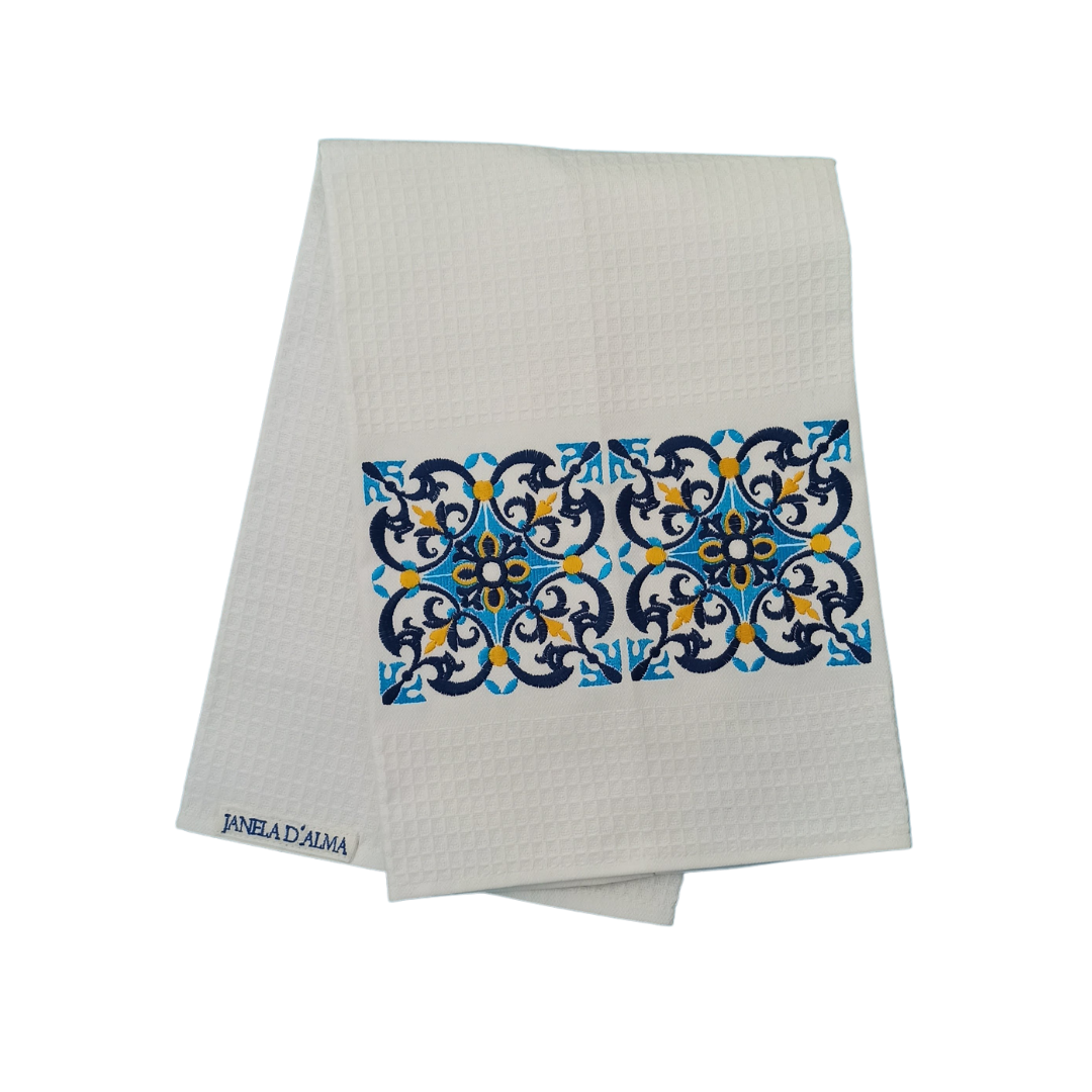 White Tea Towel with Tile Embroidery