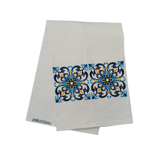 White Tea Towel with Tile Embroidery