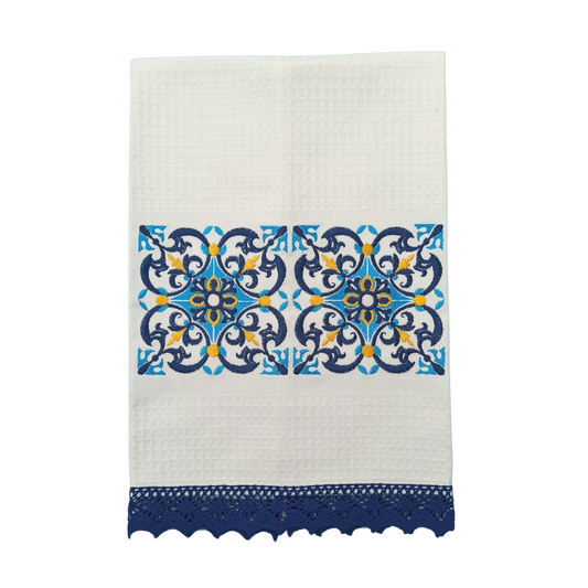 White Tea Towel with Tile Embroidery and Lace Trim