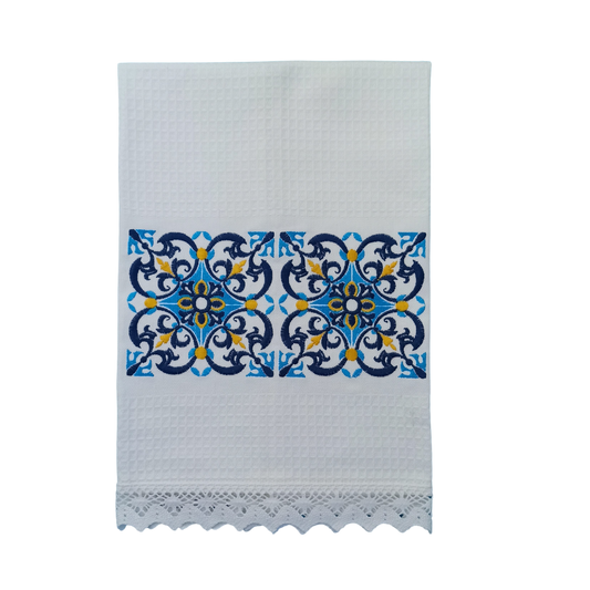 White Tea Towel with Tile Embroidery and Lace Trim