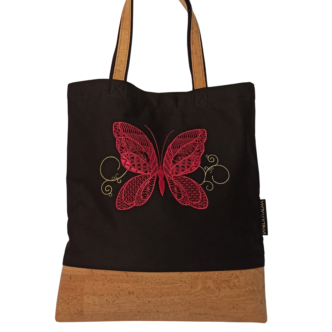 Cotton & Cork Shoulder Bag with Butterfly Embroidery