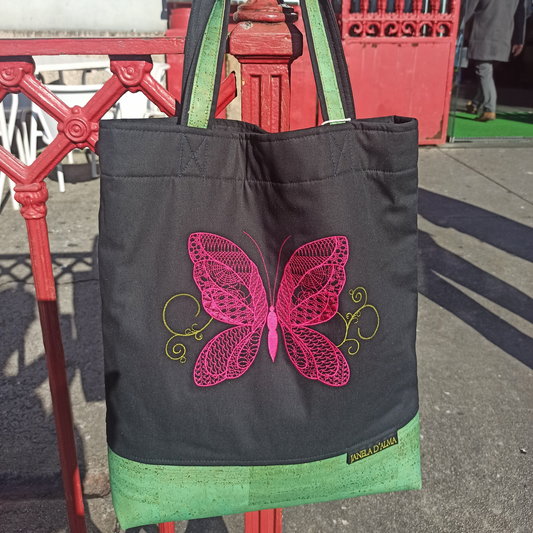 Cotton & Cork Shoulder Bag with Butterfly Embroidery