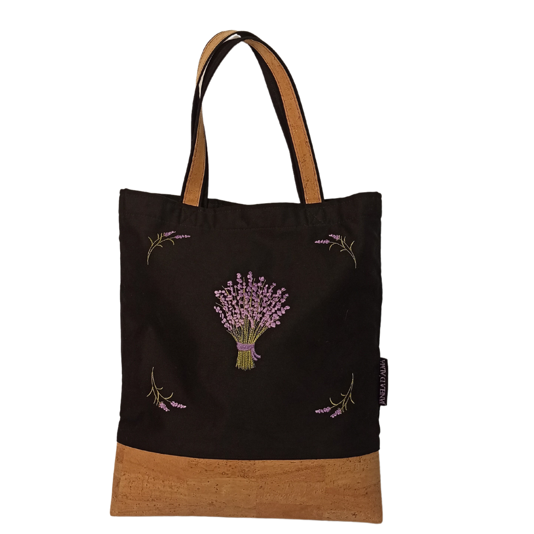 Cotton & Cork Shoulder Bag with Lavender Embroidery