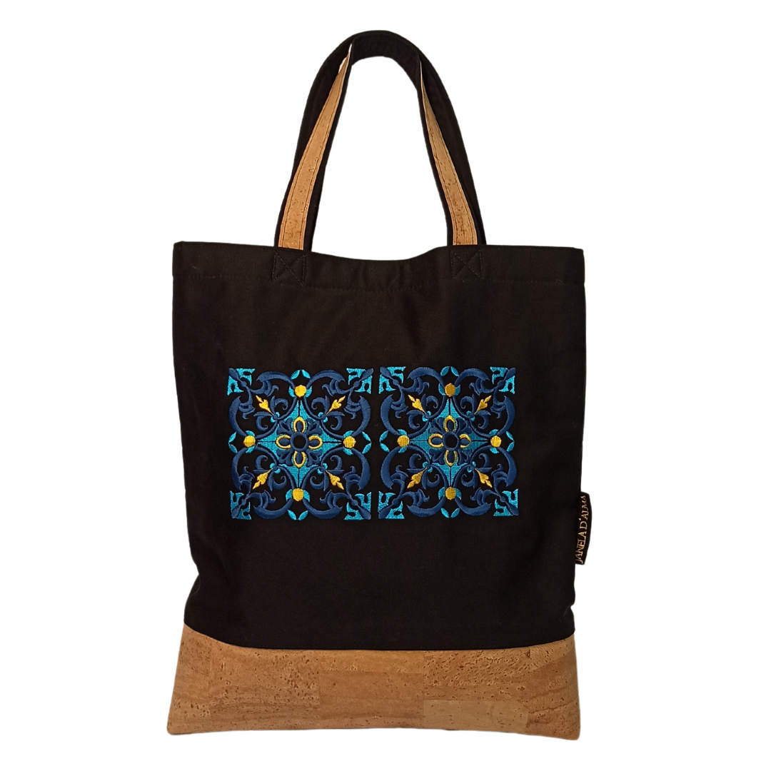 Cotton & Cork Shoulder Bag with Tile Embroidery