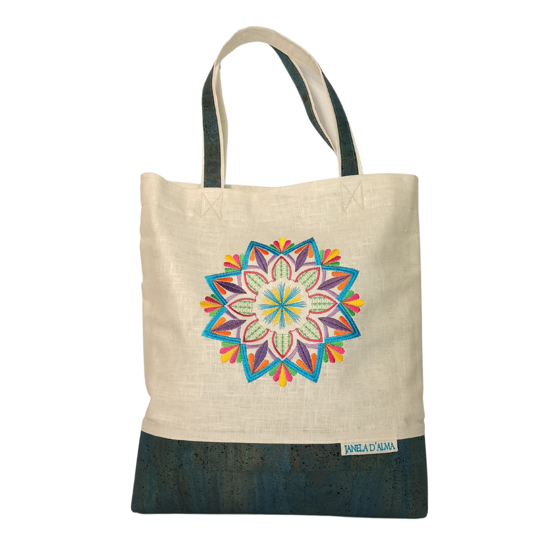 Linen & Cork Shoulder Bag with Mandala Embroidery