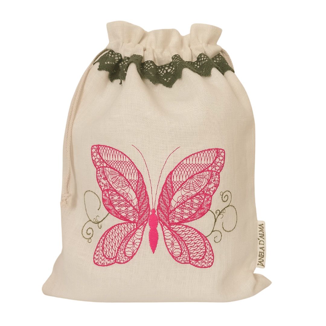 Linen Bag Burtterfly - Green Lace Strip - 34cm x 45 cm - Front Image