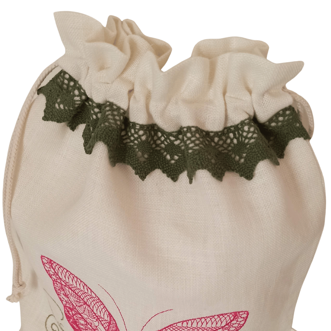 Linen Bag Burtterfly - Green Lace Strip Details - 34cm x 45 cm 