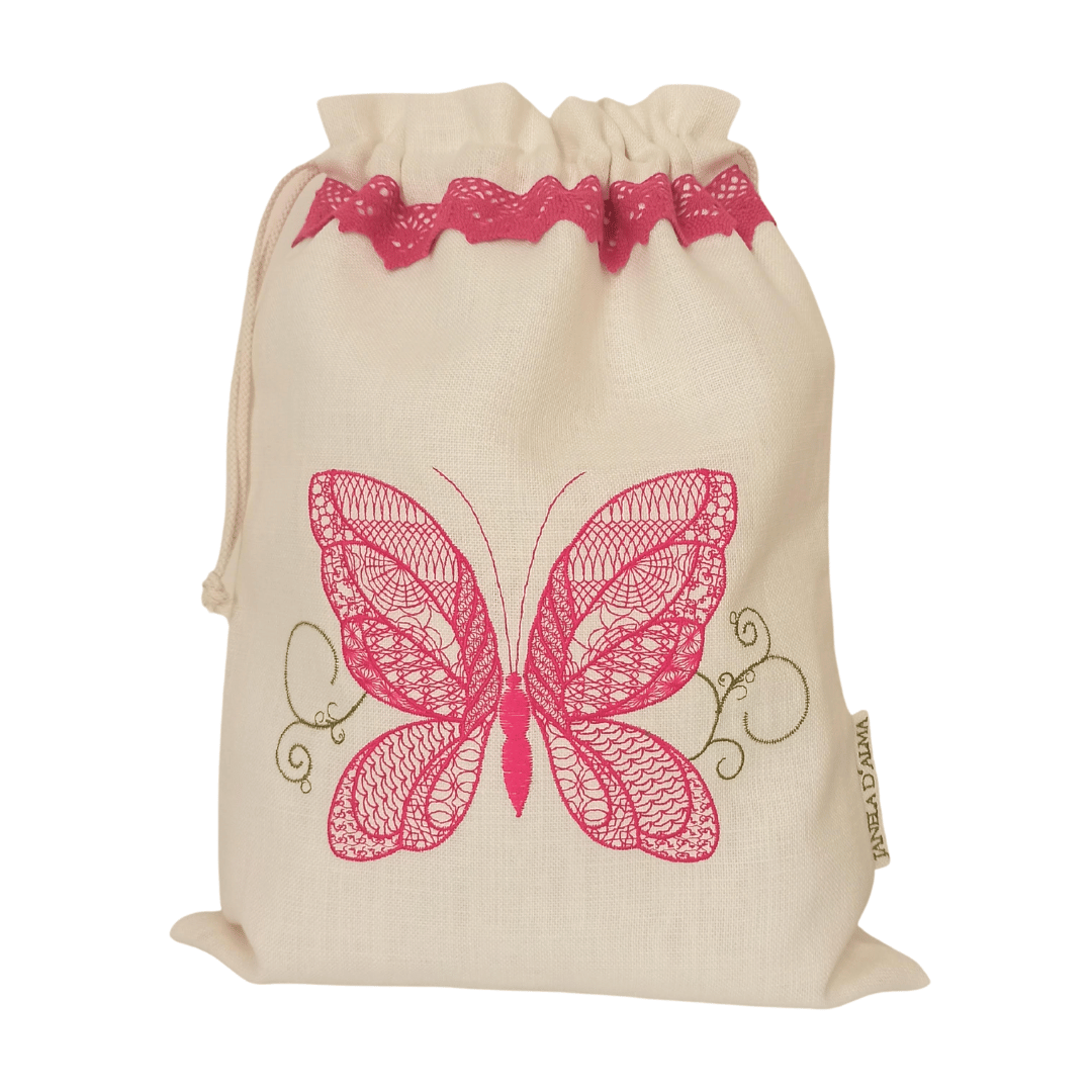 Linen Bag Burtterfly - Pink Lace Strip - 34cm x 45 cm - Front Image