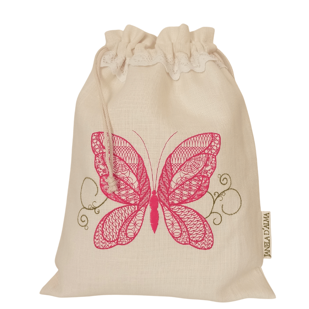 Linen Bag Burtterfly - White Lace Strip - 34cm x 45 cm - Front Image