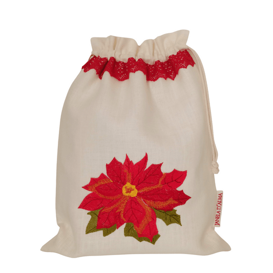 Christmas Flower Linen Bag - Red Lace Strip - 34cm x 45 cm - Front Image