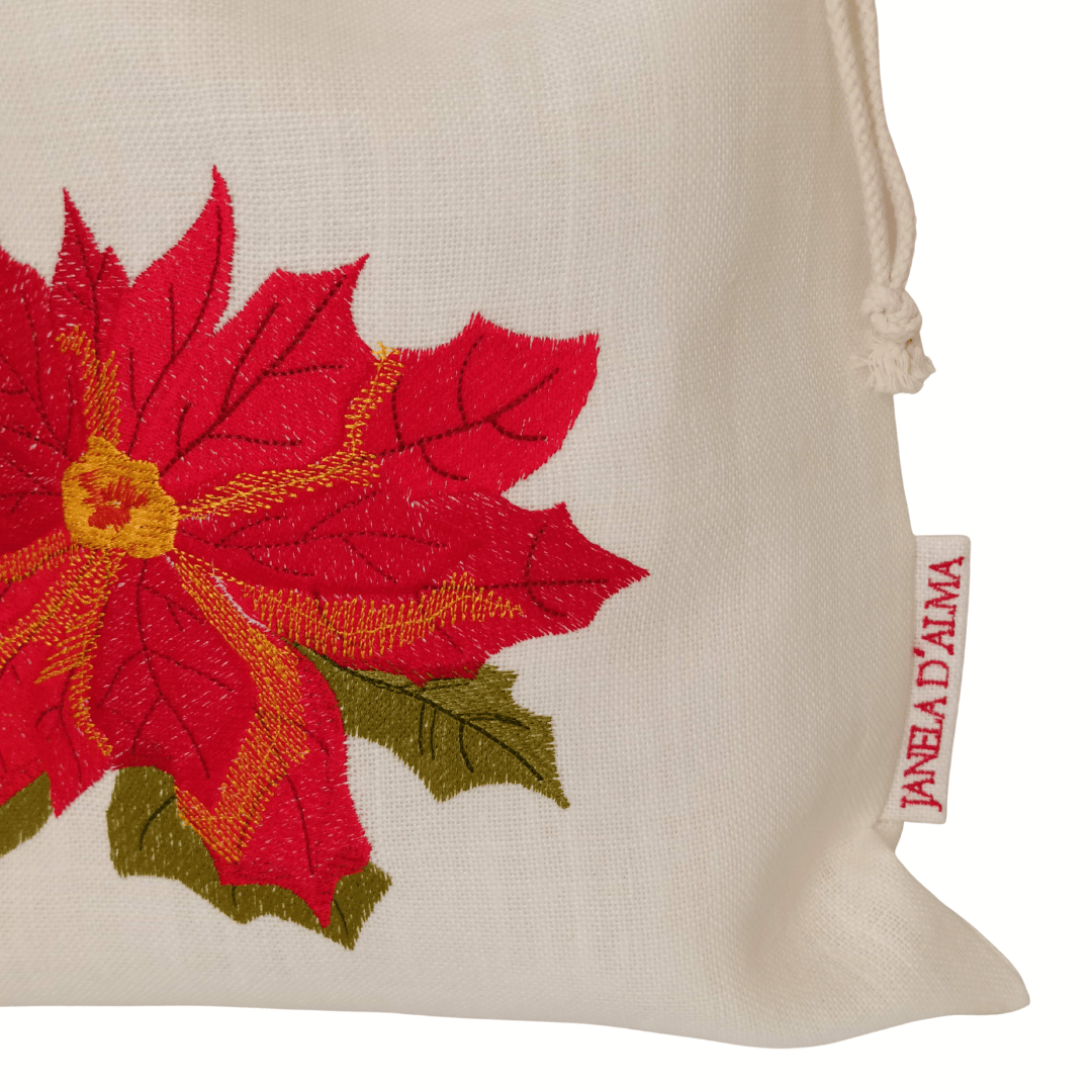 Christmas Flower Linen Bag - Red Lace Strip - 34cm x 45 cm - Front Image Details