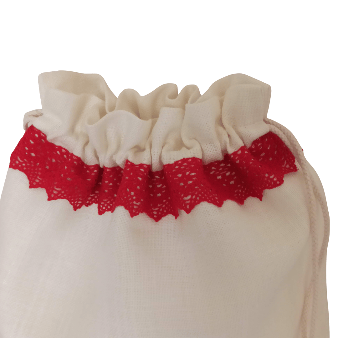 Christmas Flower Linen Bag - Red Lace Strip Details - 34cm x 45 cm 