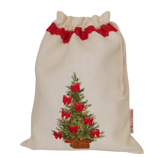 Christmas Tree Linen Bag - Red Lace Strip - 34cm x 45 cm - Front Image
