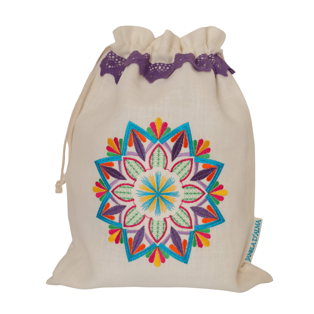 Linen Bag Mandala - Lilac Lace Strip - 34cm x 45 cm - Front Image