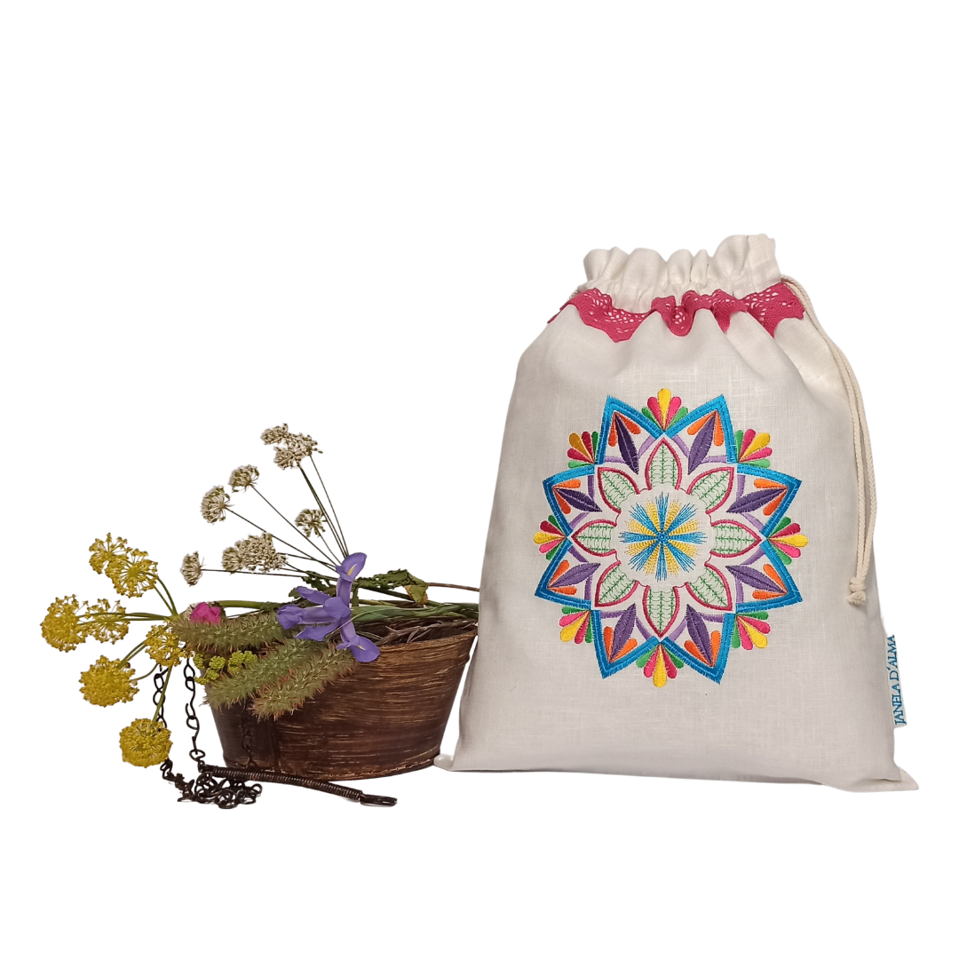 Linen Bag Mandala - Pink Lace Strip - 34cm x 45 cm - Front Image