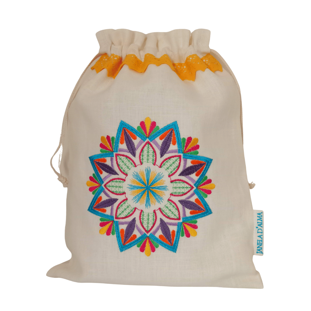 Linen Bag Mandala - Yellow Lace Strip - 34cm x 45 cm - Front Image