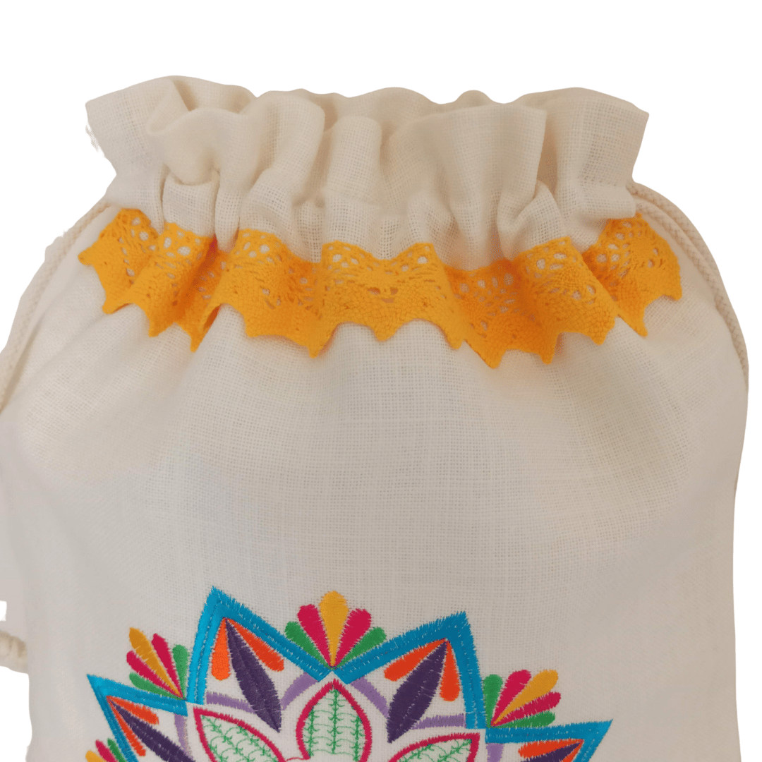 Linen Bag Mandala - Yellow Lace Strip Details - 34cm x 45 cm