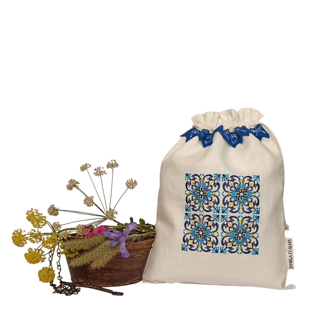 Linen Bag Portuguese Tile - Blue Lace Strip - 34cm x 45 cm - Front Image