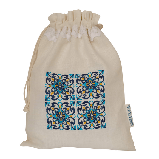 Linen Bag Portuguese Tile - White Lace Strip - 34cm x 45 cm - Front Image