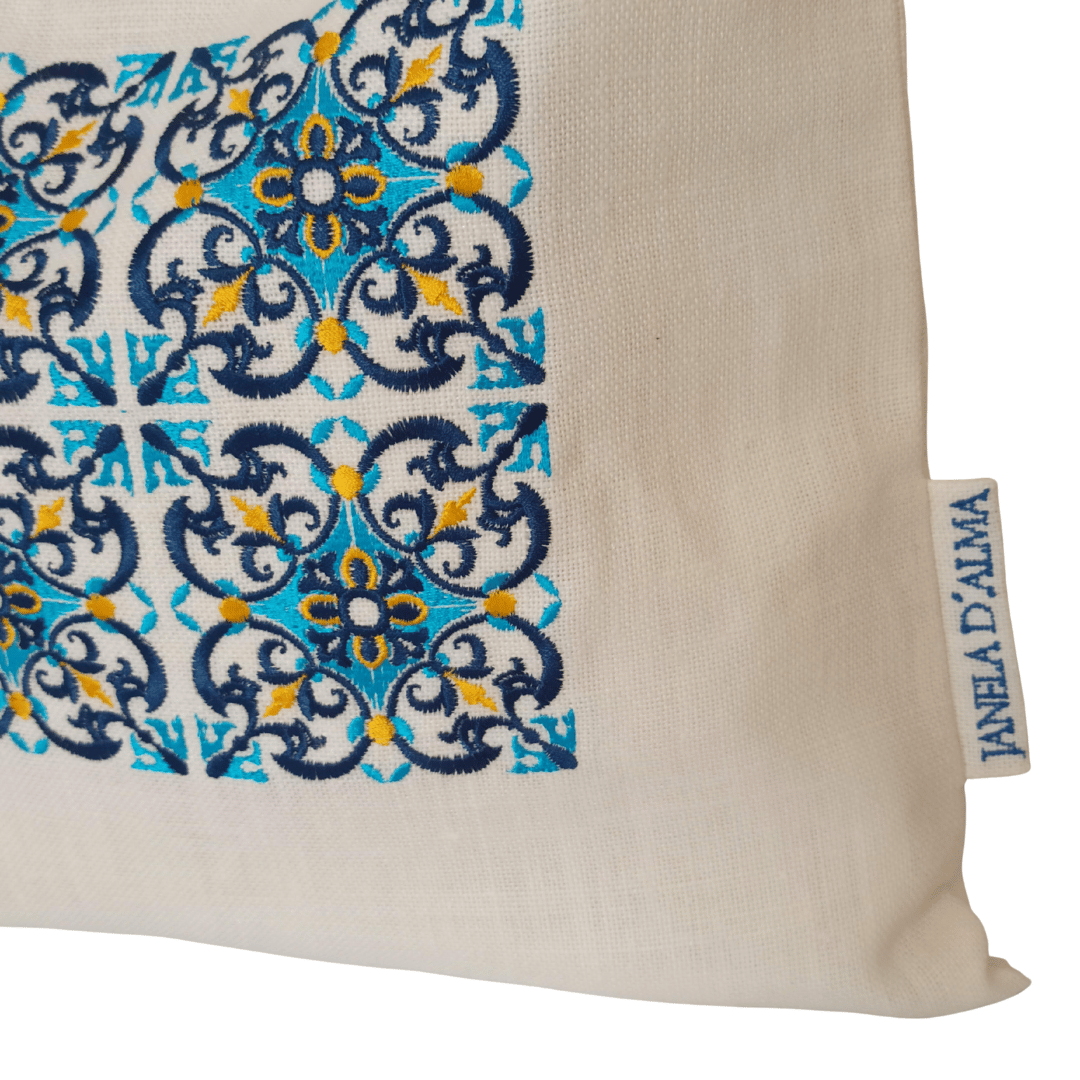 Linen Bag Portuguese Tile - White Lace Strip - 34cm x 45 cm - Front Image Details