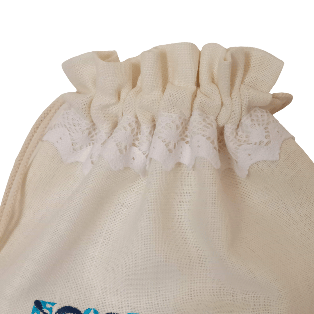 Linen Bag Portuguese Tile - White Lace Strip Details - 34cm x 45 cm 