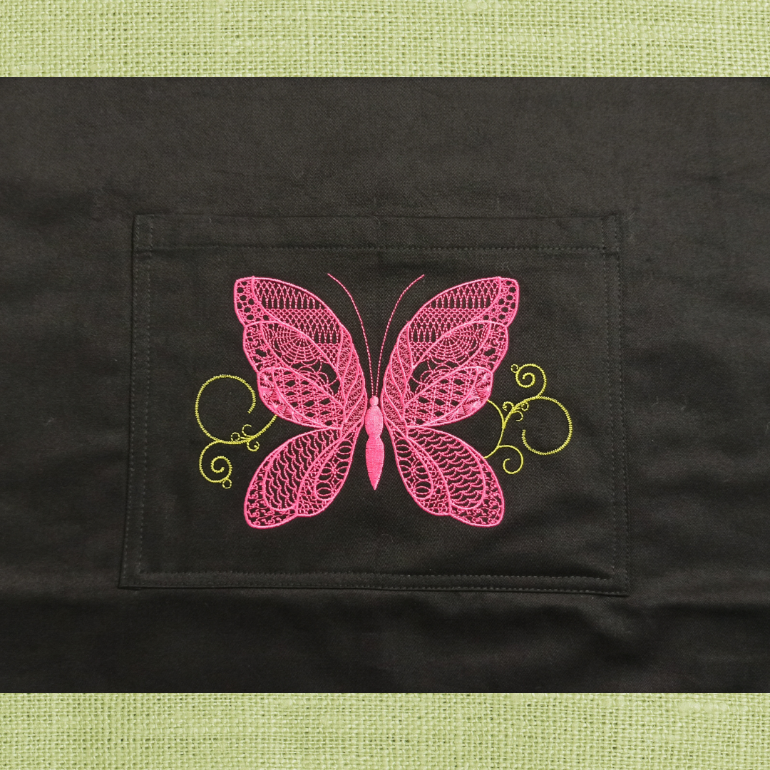 Black Kitchen Apron in 100% Cotton With Butterfly Embroidery Front Pocket