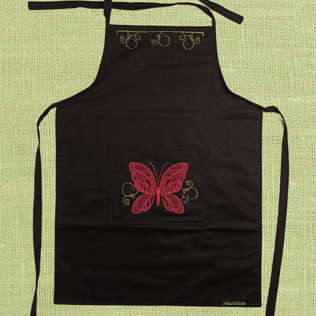 Black Kitchen Apron in 100% Cotton With Butterfly Embroidery
