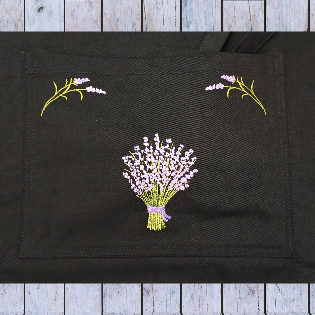 Black Kitchen Apron in 100% Cotton With Lavander Embroidery Front Pocket