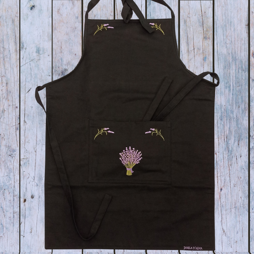 Black Kitchen Apron in 100% Cotton With Lavander Embroidery