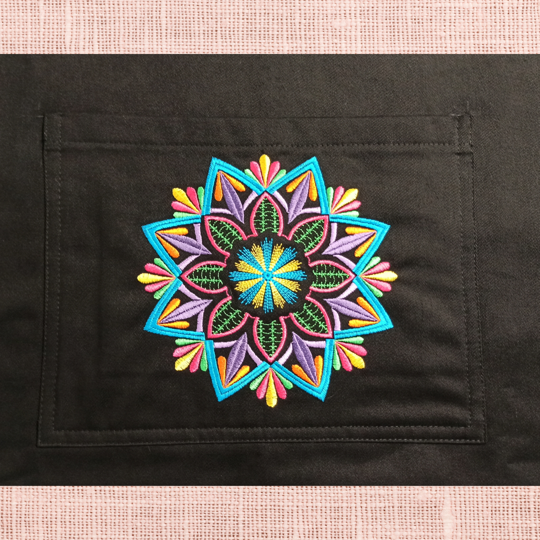 Black Kitchen Apron in 100% Cotton With Mandala Embroidery Front Pocket