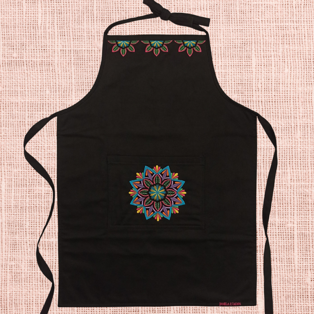 Black Kitchen Apron in 100% Cotton With Mandala Embroidery Chest