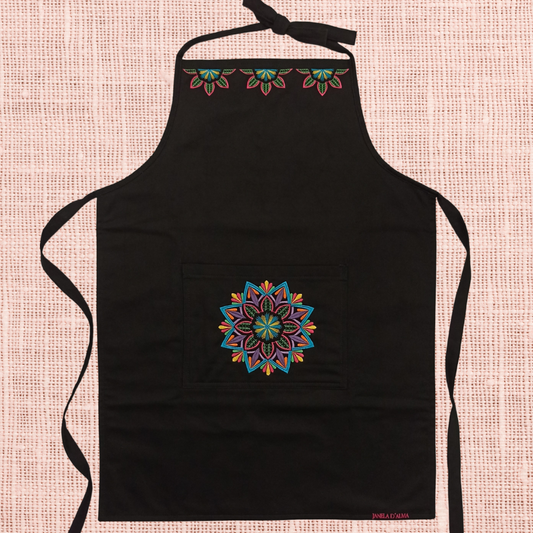 Black Kitchen Apron in 100% Cotton With Mandala Embroidery Chest