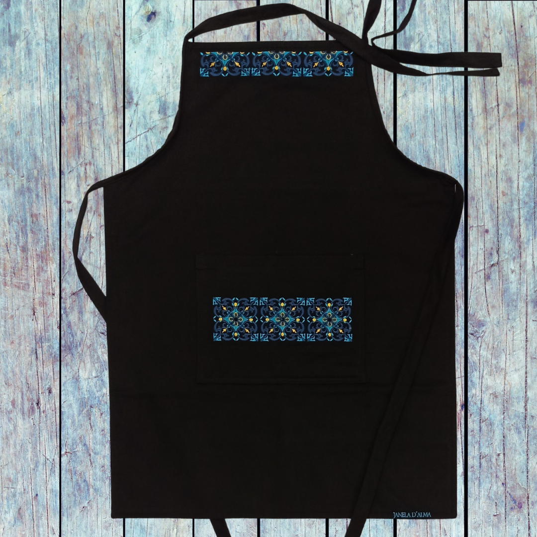 Black Kitchen Apron in 100% Cotton With Tile Embroidery