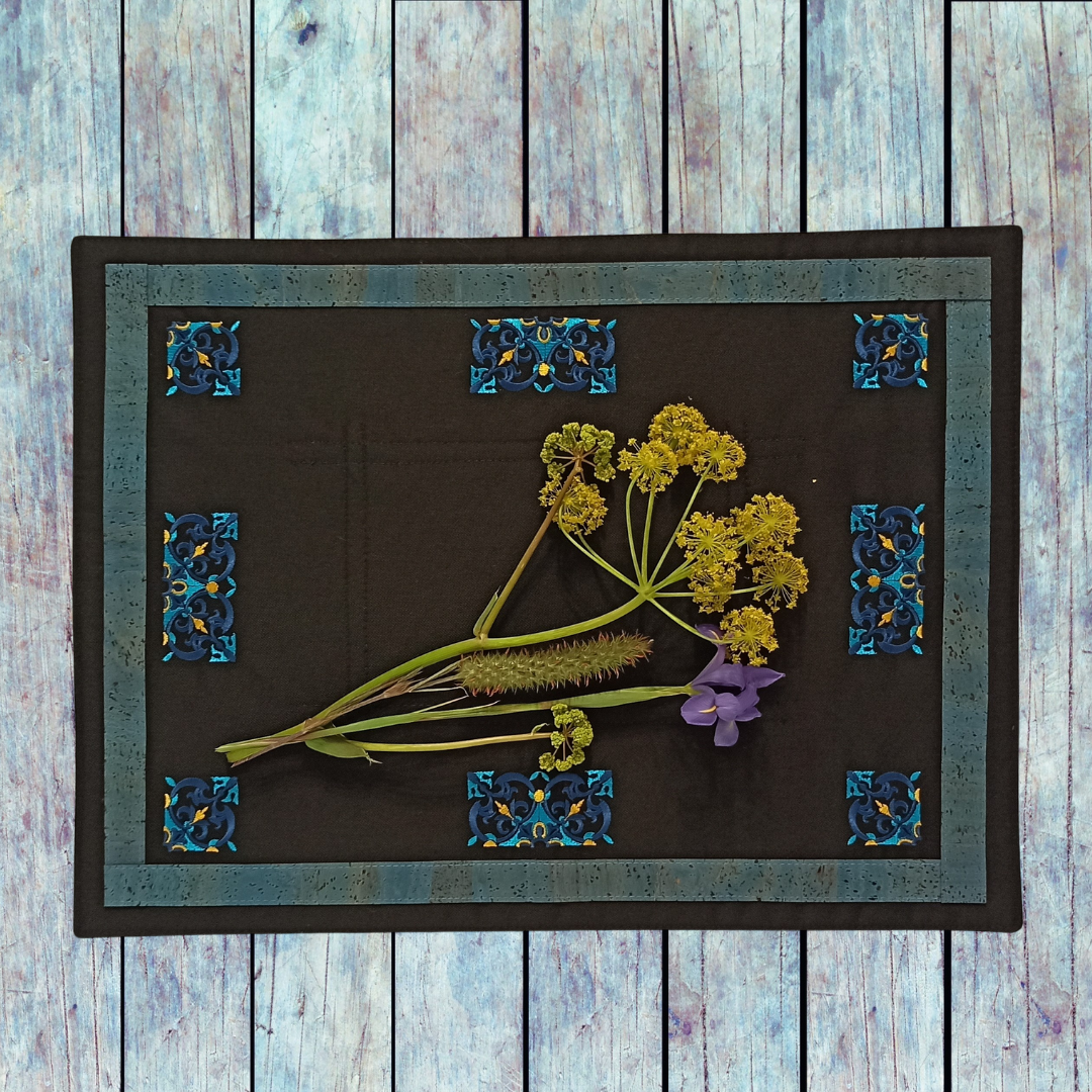 Black Placemat Tile with Cork _ Medium Blue Cork Color