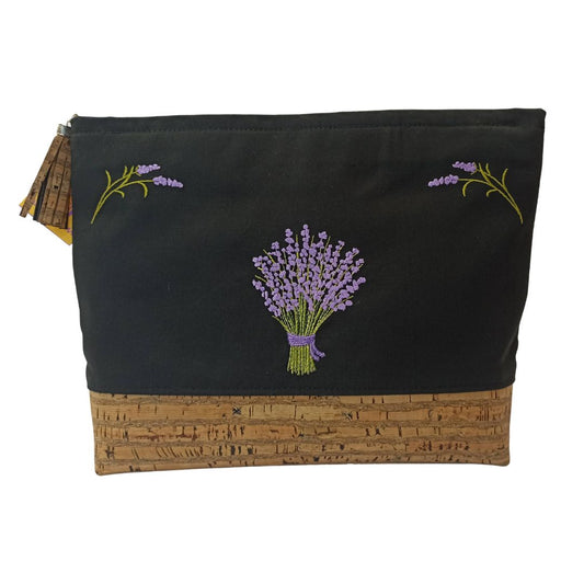 Timeless Clutch Bag in Cotton and Cork with Lavender Embroidery