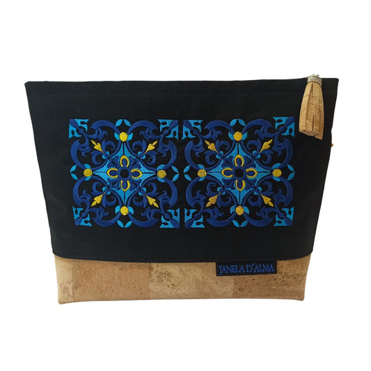 Elegant Clutch Bag in Cotton and Cork with Tile Embroidery