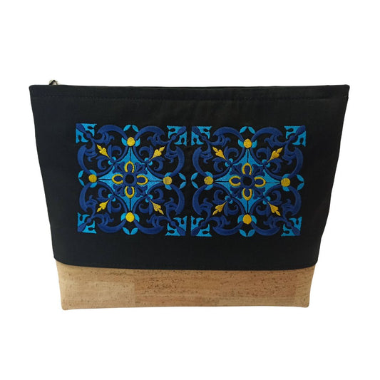 Elegant Clutch Bag in Cotton and Cork with Tile Embroidery