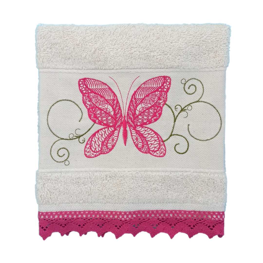 Cream Kitchen Hand Towel Butterfly with Lace Strip in Bright Pink Color