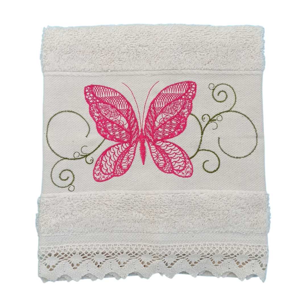 Cream Kitchen Hand Towel Butterfly with Lace Strip in Cream Color