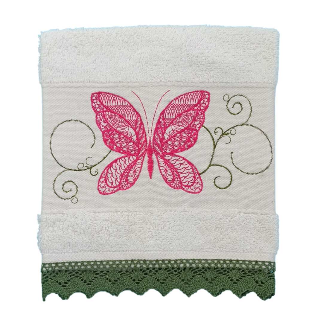Cream Kitchen Hand Towel Butterfly with Lace Strip in Dark Green Color