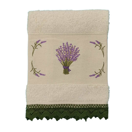 Cream Kitchen Hand Towel Lavander with Lace Strip in Dark Green Color