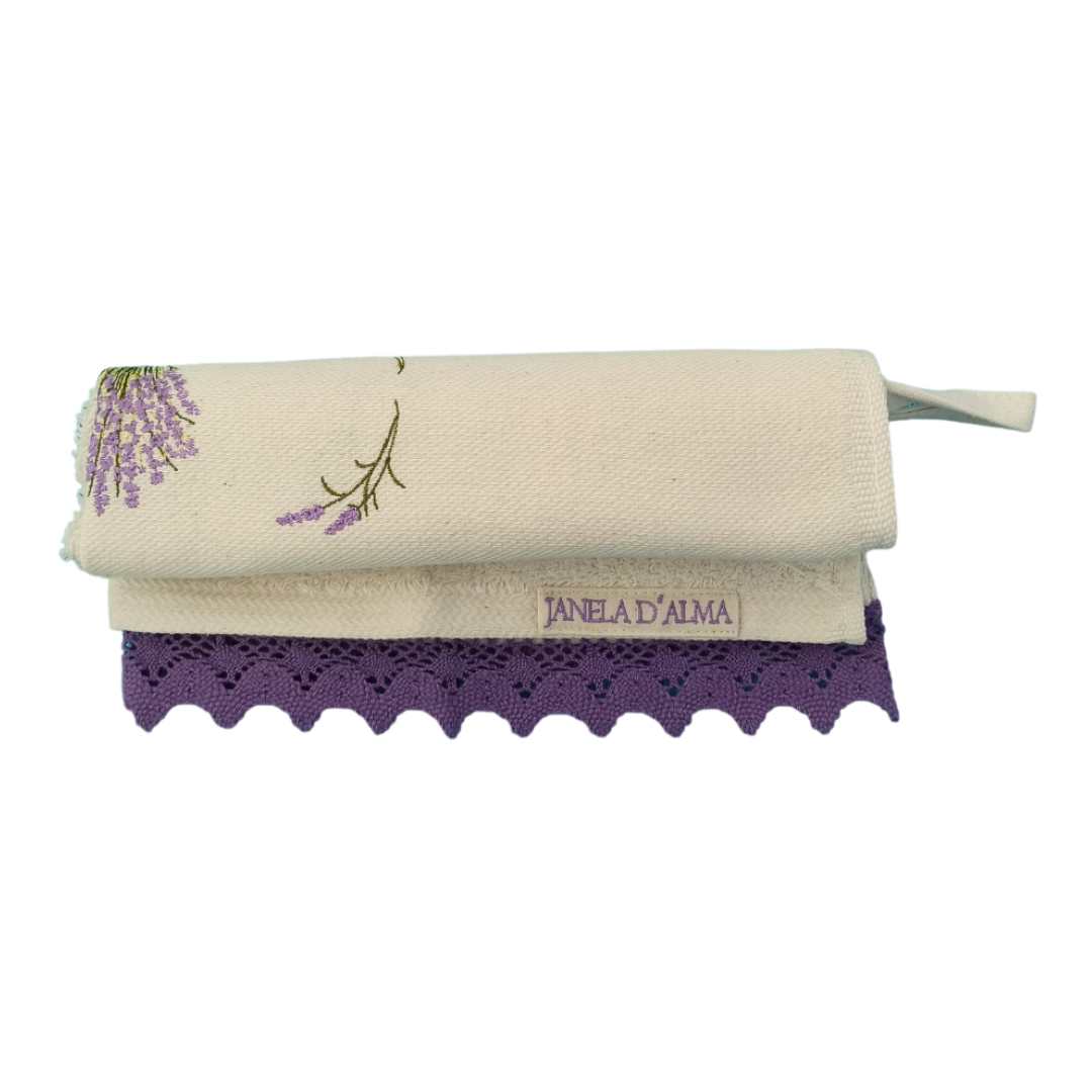 Cream Kitchen Hand Towel Lavander with Lace Strip in Lilac Color - Ring to Hang